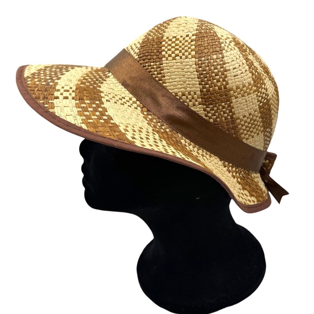 Vtg Handmade Straw Cloche Hat Woven Plaid Basketweave Mexico Summer Beach Bow